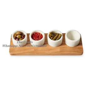 Marvelous Design White Marble Condiment Set of 4 With Wooden Base Spice Salt Pepper Set For Kitchen Tools