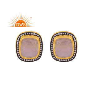 ต่างหูห้อยเงินแท้สำหรับผู้หญิงดีไซน์แบบแฮนด์เมดทำจากหินควอตซ์และเพทายสีขาวดีไซน์แบบทำด้วยมือ - Product Image 1