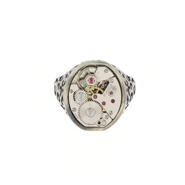 High Quality Signet Silver Ring With Pink Precious Gem Original Steampunk Design Style Made In Italy