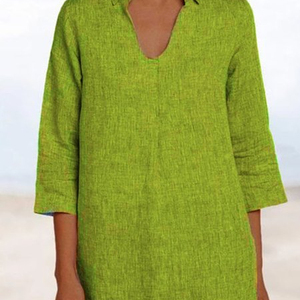 Robe midi en lin vert à col en V et manches trois quarts, coupe ample, respirante, tissée, couleur unie, brodée, pour l'été et le quotidien - Product Image 1