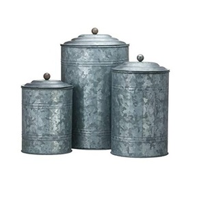 Set Of 3 Designer Galvanized <b>Tin</b> Jar Round Shape Different Sizes Galvanized <b>Tin</b> Storage <b>Pots</b> From India - Product Image 1