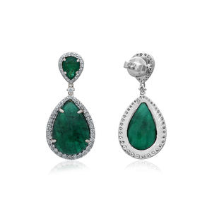28 Ct Natural Emerald Gemstone Solid 14k Gold Designer Pave <b>Diamond</b> Drop <b>Dangle</b> <b>Earrings</b> Wedding Jewelry - Product Image 2