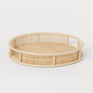 Wholesale Woven Fruit Storage Tray Decor Set Durable Round Serving Natural Rattan Tray with handle