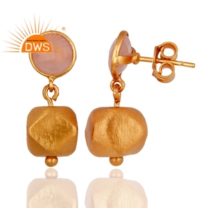 18k Gold Plated Designer <b>Silver</b> <b>Drop</b> <b>Earrings</b> Rose Chalcedony Gemstone <b>Earrings</b> Jewelry Manufacturer Vintage Collection - Product Image 2
