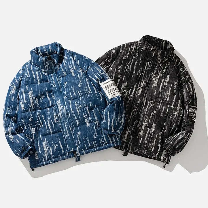 Wholesale custom logo fashion winter women down coats blue jean puffer denim jacket for men with embroidery