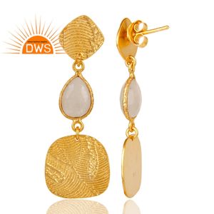 22k Gold Plated Texture Design Sterling Silver Drop Earrings Rainbow Moonstone Gemstone Earrings Jewelry Supplier - Product Image 3