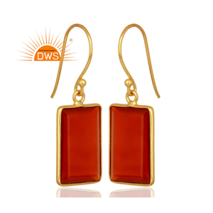 925 Sterling <b>Silver</b> Gold Plated Dangle Earrings Jewelry Supplier Rectangle Shaped Red Onyx Gemstone Earring Jewelry Wholesaler - Product Image 2