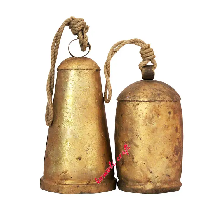 Rustic vintage style handmade golden metal crafts jumbo cow bells for home garden Christmas wreath decor with jute rope