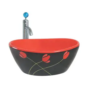 Foshan आपूर्तिकर्ता कारखाने बाथरूम शौचालय चीनी मिट्टी पानी रंगीन बेसिन अंडाकार काले टेबल शीर्ष वॉश बेसिन में BestPrice