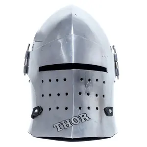 Capacete de barbuta medieval de aço escovado, fantasia de halloween