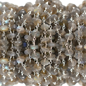 Labradorite Faceted Rondelle Rosary Chain 6–7mm Brass Rhodium Plated <b>Wire</b> Wrapped Gemstone Chain Sold by Foot - Product Image 2