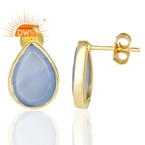 Natural Blue Chalcedony Gemstone Pear Shape <b>Flat</b> <b>Back</b> <b>Gold</b> Plated 925 Silver Ladies Stud <b>Earring</b> Jewelry Manufacturer - Product Image 3