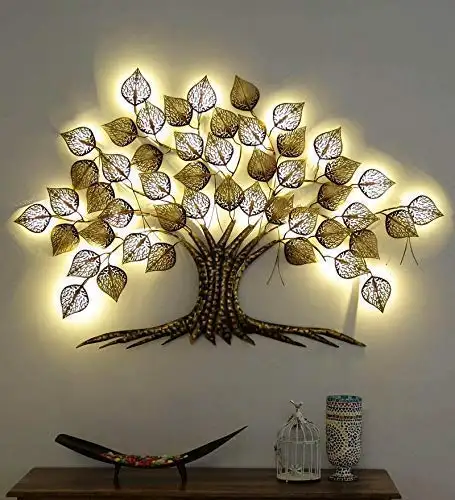 Metal Tree With Lighting leaves Golden Iron 3D Hanging Sculpture Metal Wall Decor for Living Rooms With Yellow Shade lighting