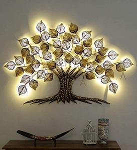 Metal <b>Tree</b> With <b>Lighting</b> Leaves Golden Iron 3D Hanging Sculpture Metal Wall Decor for Living Rooms With Yellow Shade <b>Lighting</b> - Product Image 4