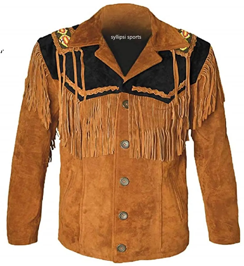 Erkek geleneksel saçak kovboy batı ceket 100% hakiki kuzu derisi deri/2021