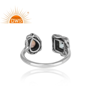 Natural Blue Topaz & Ethiopian <b>Opal</b> Gemstone Adjustable 925 Oxidized <b>Silver</b> Openable Trendy Wedding Anniversary Party <b>Ring</b> - Product Image 4