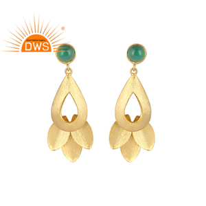 Leaf Deign 18k Gold Plated 925 Sterling <b>Silver</b> <b>Dangle</b> <b>Earrings</b> Jewelry India Natural Round Cut Green Onyx Gemstone Drop <b>Earrings</b> - Product Image 1