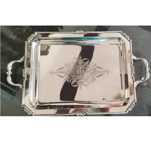 serving tray silver with handle with center etching design for home hotel restaurant wedding party spa