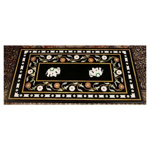 Black Marble Dining <b>Table</b> Top With Inlay <b>Work</b> - Product Image 1