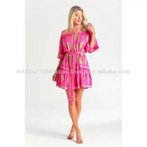 Impressive Romantic Fluorescent Pink Lime Hue Off Shoulder Fine Embroidered Boho Chic Short Tassel Tie Balloon Sleeve Sexy Tunic