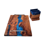 Plateau de service décoratif en bois d'acacia rouge éco-responsable avec résine époxy, motif rivière, fait main, 2022, dernière collection, et ensemble de 4 sous-verres