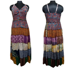 Vestido Sari Indio Vintage de Encaje y Seda, Largo hasta la Rodilla, Cuello en V, Multicolor, Elegante, Ropa Tradicional para Mujer, Estilo Bohemio, Informal, para Fiestas - Product Image 1