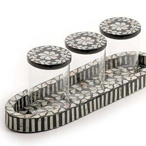 Bandeja de bambú artesanal para decoración del hogar, juego árabe de frascos de vidrio con bandeja para madre de perla, crema marrón - Product Image 3