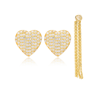 <b>Heart</b> Tassel Chain Design Zircon Stone Jewelry Turkish Handmade 925 Sterling Silver <b>Earrings</b> - Product Image 5