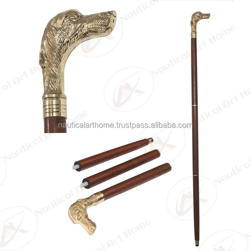 Walking Stick - Brass Dog Head Handle with Wooden Shaft Walking Stick - Animal Head Walking Stick - Walking Cane - NAH19012