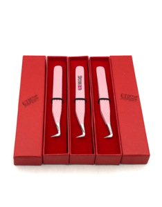 Pince à épiler en acier inoxydable pour extension de cils à pointe argentée avec revêtement en poudre rose clair à 90 degrés vente en gros - Product Image 6