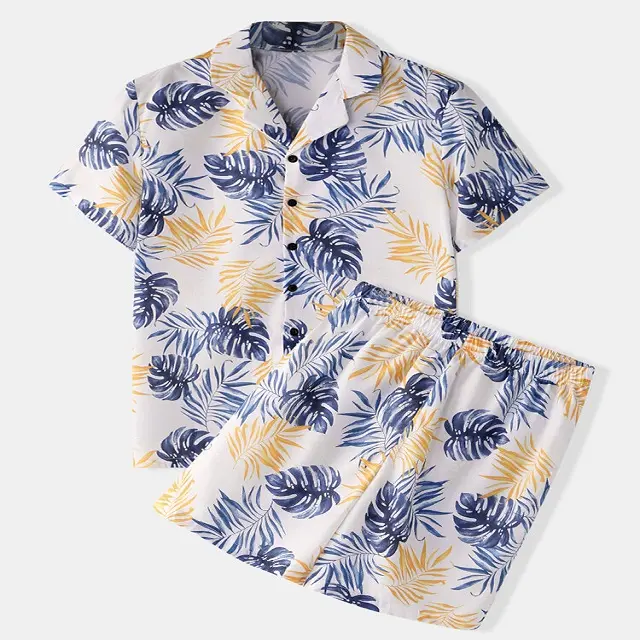 OEM wholesale cheap new design Men Floral Tropic Print Pajamas Soft Faux Silk Sleepwear with Short Sleeve Tops