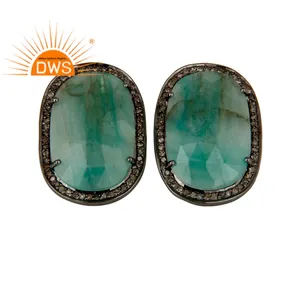 Natural Emerald and Diamond Black Oxidized Stud Earrings Supplier 925 Sterling Silver Earrings Jewelry Manufacturer