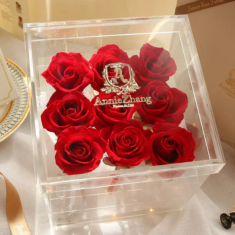 Vente en gros Infinity forever secas flor preservada al por mayor rose éternelle préservée fleur immortelle rosas eterna dans une boîte en acrylique
