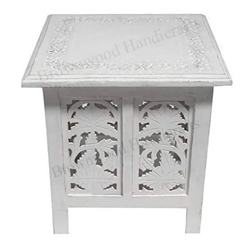 Nuovo arrivo bianco colore antico Design unico durevole sgabello in legno fatto a mano 15 x15x18 pollici tavolo intagliato in legno personalizzato per la decorazione