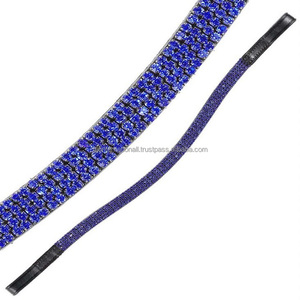 Banda con forma de onda para cejas de caballo, banda de cuero de grano superior con 4 filas de diamantes de imitación azules decorativos, costura resistente - Product Image 1
