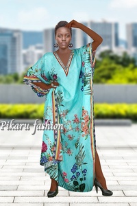 Kaftan เดรสผ้าซาตินแขนยาวลายดอกไม้โบฮีเมียน,ชุดกระโปรงยาวคอวีไซส์ใหญ่พิเศษใส่ลำลองงามสง่าสำหรับฤดูร้อน - Product Image 2