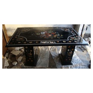 Handmade Black Marble Inlay <b>Work</b> Dining <b>Table</b> With Stand - Product Image 1
