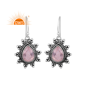 Pendientes colgantes de piedras preciosas de cuarzo rosa Natural de Plata de Ley 925 oxidada, fabricante de joyas - Product Image 1