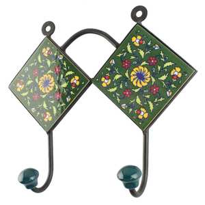 Green Ceramic Flower Multipurpose Bag Hooks Clothes Holders Clothes Wall Hanger Durable Indian Craft - Product Image 1