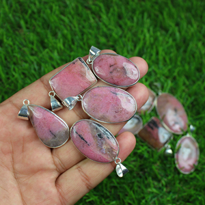 Hermoso collar de bisel bohemio, colgante de Rodonita natural, chapado en plata de ley con material principal de latón, proveedores suministrados - Product Image 3
