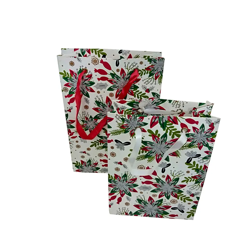 Sacs en papier avec poignée en ruban imprimé personnalisé blanc vert design cadeau utilisation écologique à la main fleur décorative sac en papier cadeau