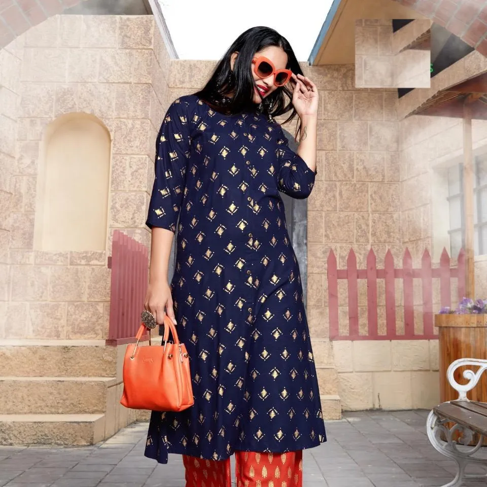 Women's wear Rayon top Foil print kurta with palazzo for casual and summer wear