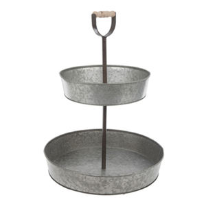 <b>Two</b> <b>Tier</b> Galvanized <b>Cake</b> <b>Stand</b> Tabletop <b>Cake</b> <b>Stands</b> Metal Decorative Fancy Designer <b>Cake</b> <b>Stand</b> Wooden Handle - Product Image 1