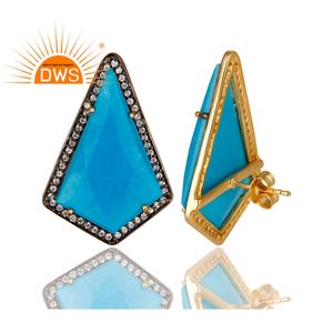 ทำด้วยมือเพทายสีขาวและสีฟ้าครามธรรมชาติสตั๊ดเครื่องประดับต่างหูชุบทอง925เครื่องประดับเงินสเตอร์ลิงผู้ผลิต - Product Image 3