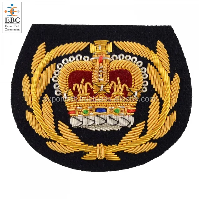 OEM luxury Fashion Golden Crown Bullion Wire ricamo a mano Badge Patch Crest toppe in lingotti d'oro ricamate a mano personalizzate