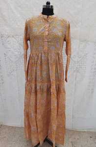 Vestido Camisero de Tela de Algodón con Estampado en Bloque al por Mayor, con Cierre de Botones, Diseño Plisado, Vestido Largo, Ropa de Mujer - Product Image 5