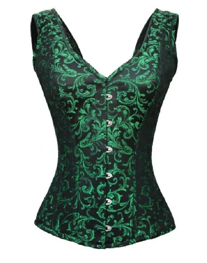 Top Shoulder Straps Brocade Green and Black Corset/Cheap corset tops with straps/Corset tops for party