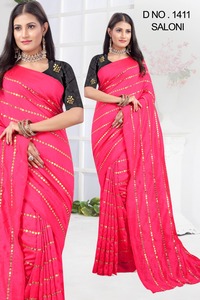 Sari de luxe indien du Nord, en soie Katan, broderie, bordure en dentelle, lavable en machine, 5,5 mètres, pour les fêtes et les mariages - Product Image 2