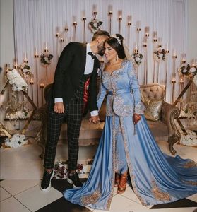 BLUE SHADE KARAKOU CAFTAN DRESS EMBROIDERY OF DABKA, CRYSTAL GLASS BEADS,GLASS STONE WORK FOR PARTY-WEAR @ 2022 - Product Image 1