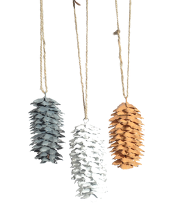 METAL GRAY WHITE ORANGE PINECONE CHRISTMAS HANGING ORNAMENT for CHRISTMAS DECORATION WITH HANGING <b>ROPE</b> - Product Image 1